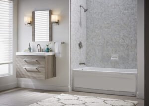 A beautiful modern bathroom with a bathtub and vanity