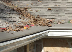 Leaves scatter across the roof of a home that has seamless gutters and gutter protection installed